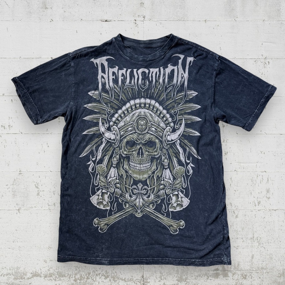 Affliction Skull Indian Headdress Reversible Shirt Size L